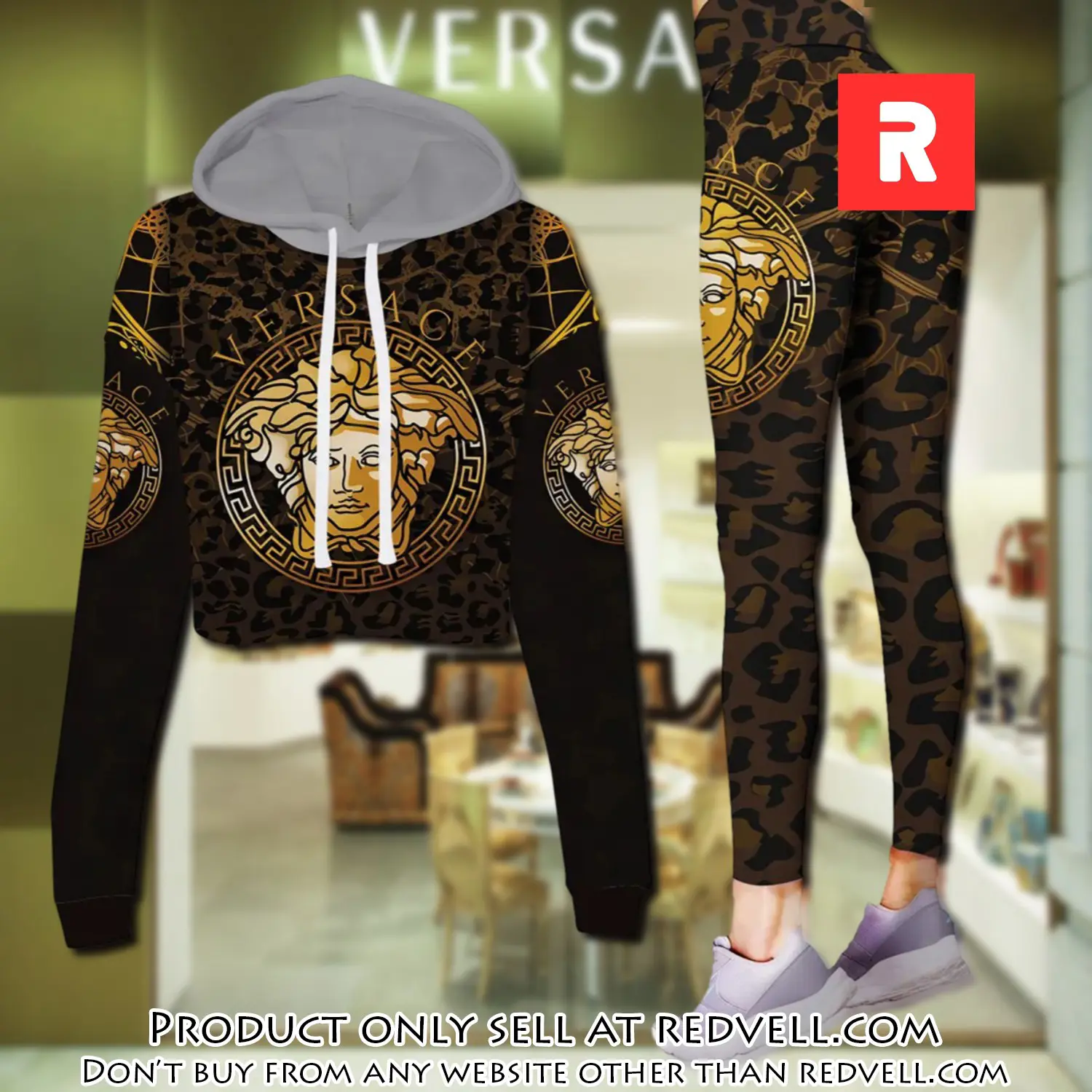 Versace medusa brown leopard pattern luxury brand clothes leggings and crop top set for women rv4501567